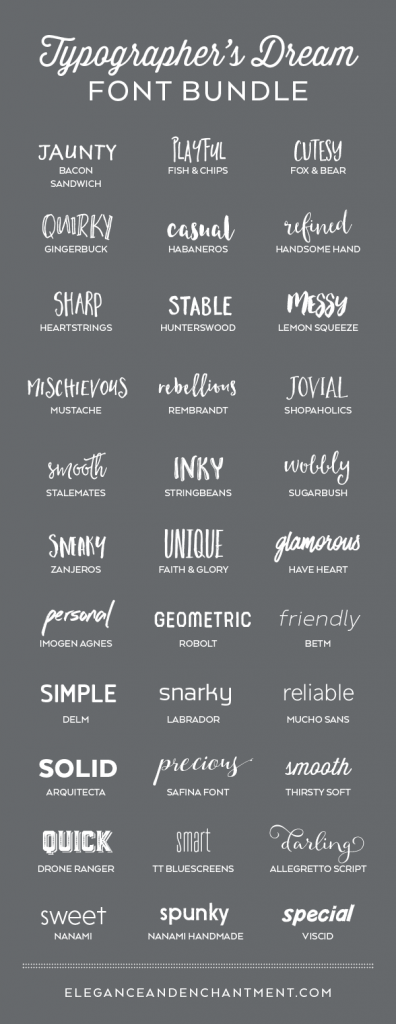 A typographer’s dream font collection. 33 Fabulous Fonts for graphic design projects, web design, blogging, crafting, weddings, DIY projects and more. Includes script fonts, sans serif, serif, handwritten and calligraphy.