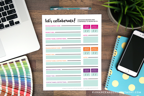 Free Printable Planning Sheets for bloggers and small business owners! Two designs are included: one for keeping track of your brilliant ideas and the other to manage potential collaborations and sponsorships. Both will get you inspired to take action and grow your business and/or blog. Designs by Elegance & Enchantment. 