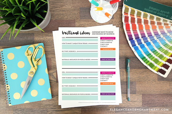 Free Printable Planning Sheets for bloggers and small business owners! Two designs are included: one for keeping track of your brilliant ideas and the other to manage potential collaborations and sponsorships. Both will get you inspired to take action and grow your business and/or blog. Designs by Elegance & Enchantment. 