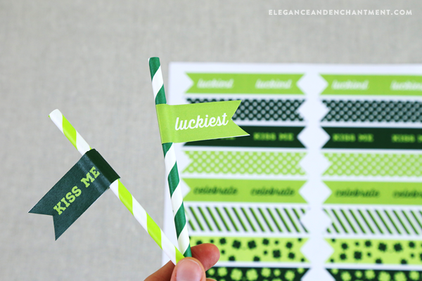 Free St. Patrick's Day Party Flag printables for food, cupcakes, straws and more. // Design from Elegance & Enchantment