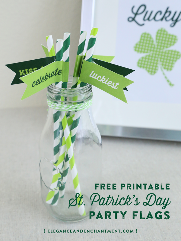 Free St. Patrick's Day Party Flag printables for food, cupcakes, straws and more. // Design from Elegance & Enchantment