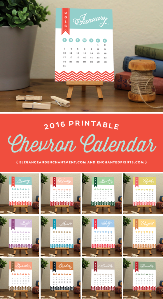 2016 Chevron Desk Calendar, available in printable or printed format. Each month boasts a unique color palette to keep you smiling all year long. The size of each card is 4.25 x 5.5 and makes a great addition to any desk or workspace. // Designs from Elegance & Enchantment and Enchanted Prints