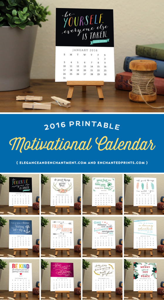 2016 Motivational Desk Calendar, available in printable or printed format. Each month boasts a unique design with an encouraging quote to keep you inspired and encouraged all year long. The size of each card is 4.25 x 5.5 and makes a great addition to any desk or workspace. // Designs from Elegance & Enchantment and Enchanted Prints