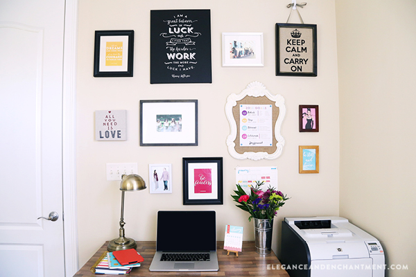 The perfect combination of photos, quotes, places and goals create a gallery wall that’s inspiring and motivating. This wall, created by Michelle from Elegance & Enchantment, is the ultimate inspiration for girl bosses and entrepreneurs to create in their home office or studio space. Includes a free printable goal setting sheet for 2016!