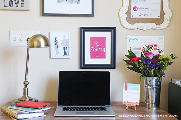 The perfect combination of photos, quotes, places and goals create a gallery wall that’s inspiring and motivating. This wall, created by Michelle from Elegance & Enchantment, is the ultimate inspiration for girl bosses and entrepreneurs to create in their home office or studio space. Includes a free printable goal setting sheet for 2016!