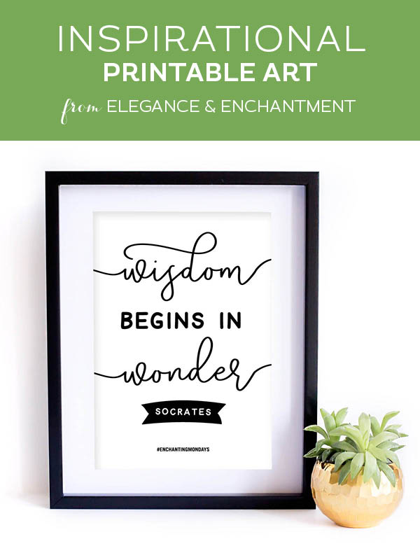 Your weekly free printable inspirational quote from Elegance and Enchantment! // Wisdom begins in wonder. - Socrates // Simply print, trim and frame this quote for an easy, last minute gift or use it to update the artwork in your home, church, classroom or office. #enchantingmondays