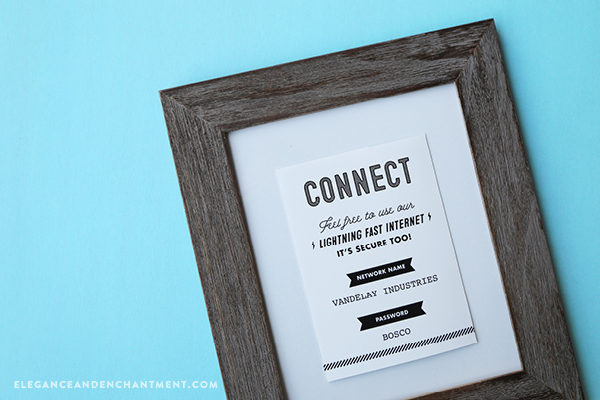 Free Guest Room Printables! These retro-style designed set includes snack bag toppers, water bottle labels, a welcome sign and a really awesome wi-fi information sign. The bag toppers and water bottle labels are compatible with Avery Products #22801 and #22845 for easy printing. // Designs from Elegance and Enchantment.