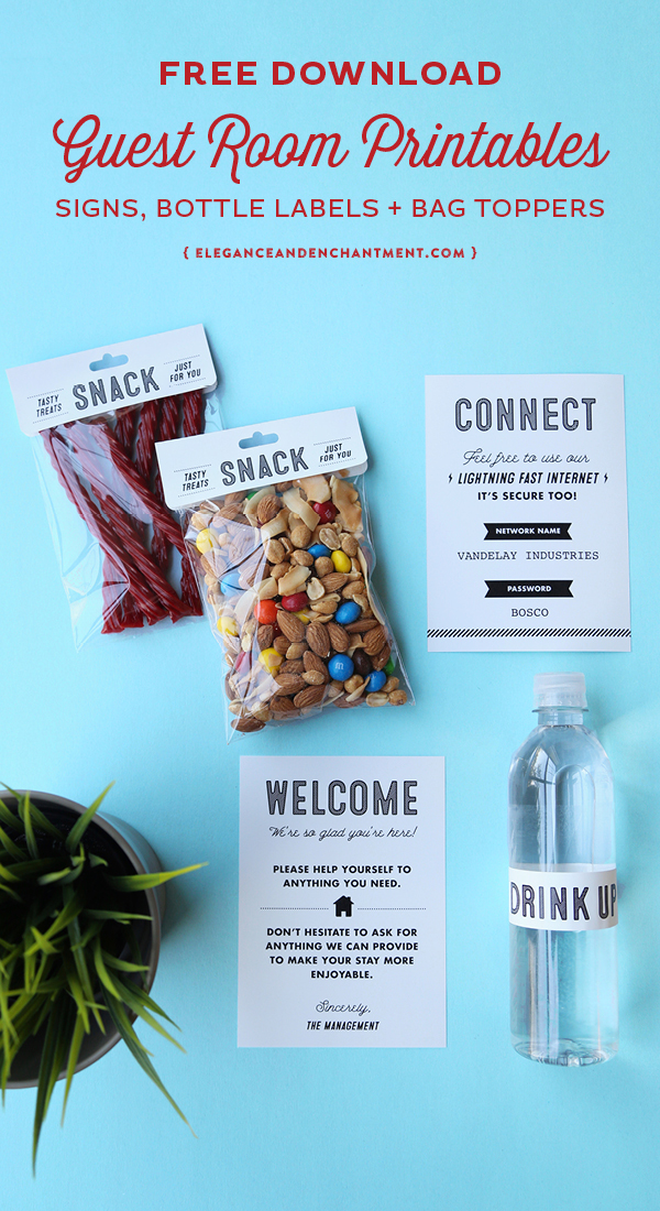 Free Guest Room Printables! These retro-style designed set includes snack bag toppers, water bottle labels, a welcome sign and a really awesome wi-fi information sign. The bag toppers and water bottle labels are compatible with Avery Products #22801 and #22845 for easy printing. // Designs from Elegance and Enchantment.