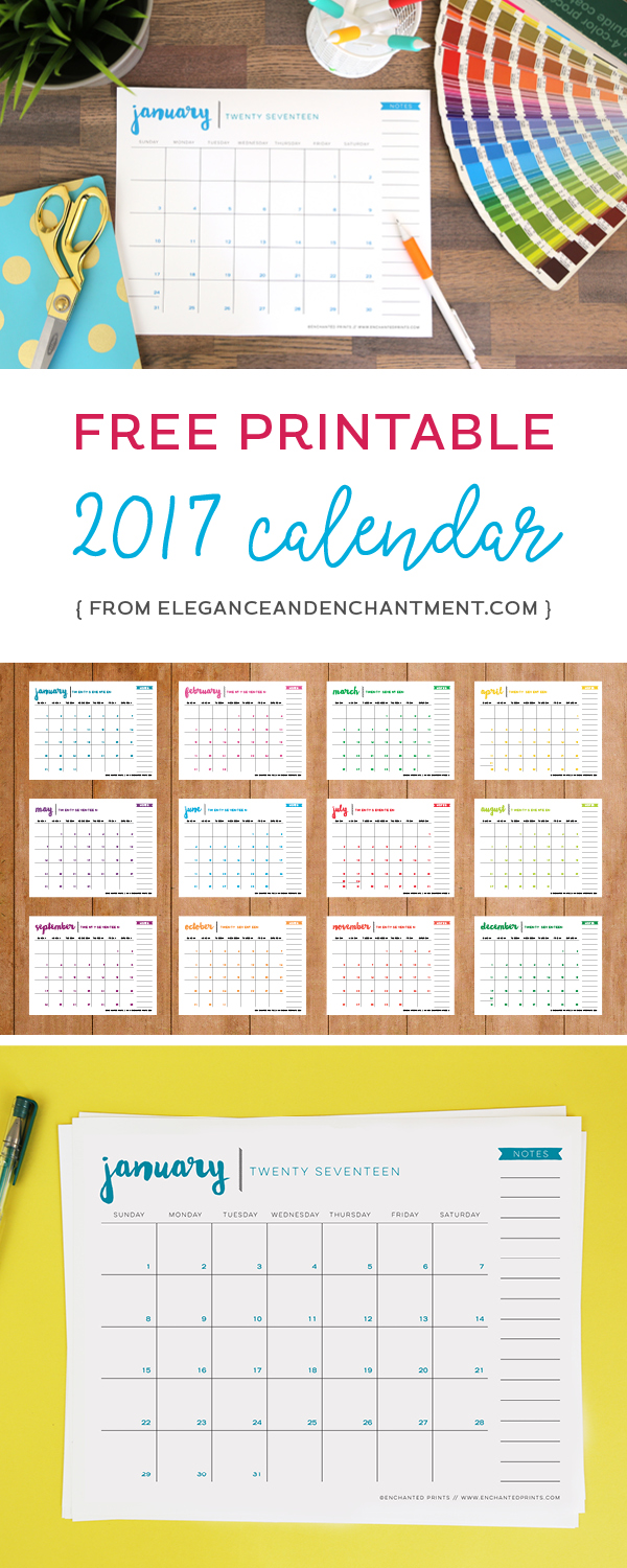 Download this free printable 2017 calendar, and stay organized all year long! The size is conveniently set at 8.5 x 11 so there is no trimming required. Just print and enjoy. Design from Elegance and Enchantment. 