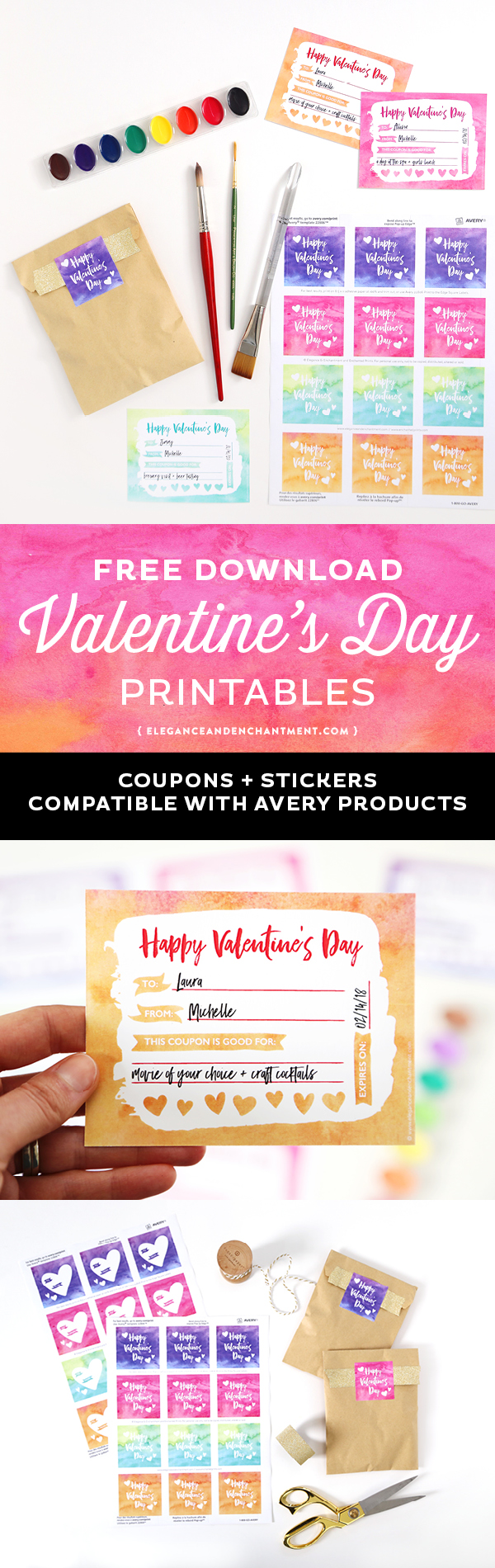 Make Valentine’s Day Gift giving easy with these free printables in a pretty watercolor style. Includes printable Valentine’s Day coupons + two types of stickers in four different colors. Compatible with Avery Products 22806 and 8387 for easy printing! Designs from Elegance and Enchantment. 