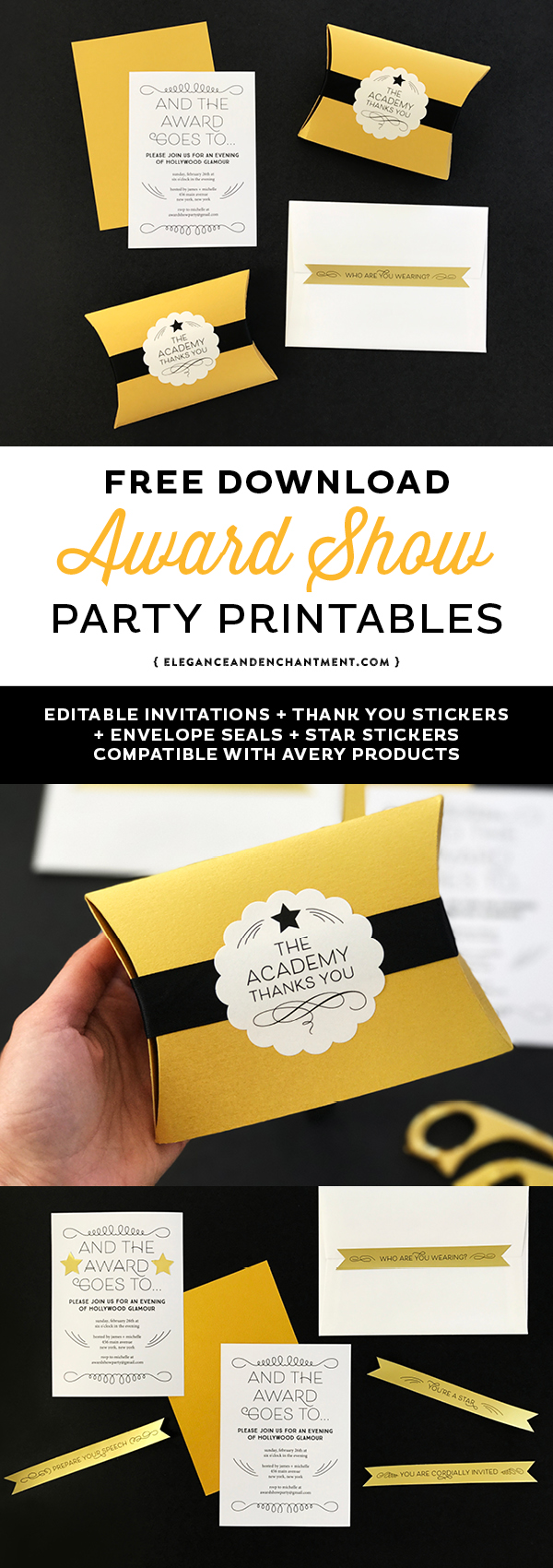 Get ready for the Oscars, Emmys, Golden Globes, Grammys and Tony Awards with these free award show party printables. Includes an editable invitation, envelope seals, star stickers and thank you sticker seals. Compatible with Avery Products 22836, 4396 and 4395 for easy printing! Designs from Elegance and Enchantment. 