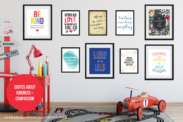 Five concepts/ideas for classroom gallery walls or bulletin board themes, using printable art. The collections featured include quotes from famous leaders and innovators, quotes about travel and adventure, quotes that inspire creativity, quotes about kindness and compassion, and even an entire display of black + white designs. // Includes a free inspirational printable in 5 x 7 and 8 x 10 so you can get started on your own gallery wall! // Designs from Elegance and Enchantment