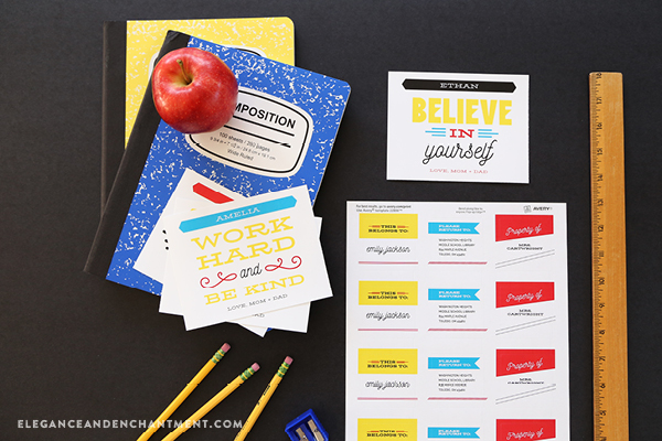 Back to School Printables for students and teachers. Download all of these classroom goodies for free! Includes printable-customizable lunch box notes and printable “property of” stickers. Compatible with Avery Products 8387 and 22806 for easy printing! Designs from Elegance and Enchantment in partnership with Avery.