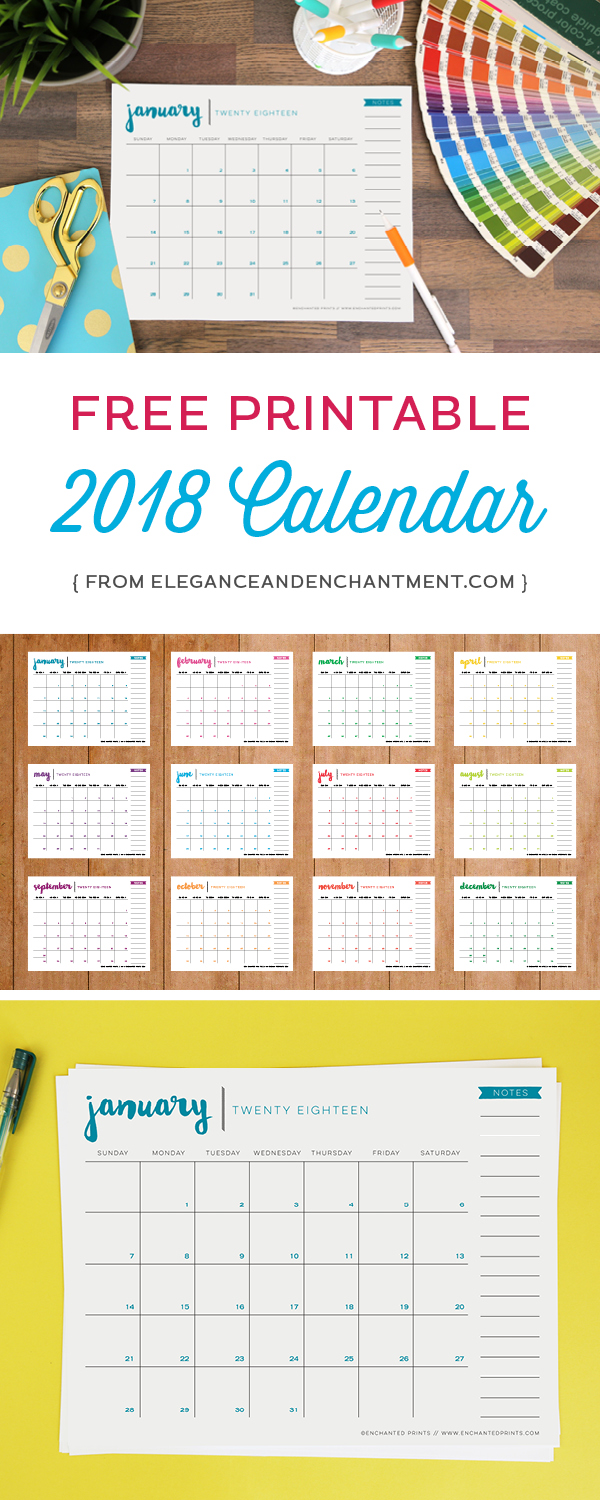 A free printable 2018 calendar download to help keep your life organized all year long. This 8.5 x 11, twelve-month PDF features a new color on every page, and requires no trimming or assembly. // from Elegance and Enchantment