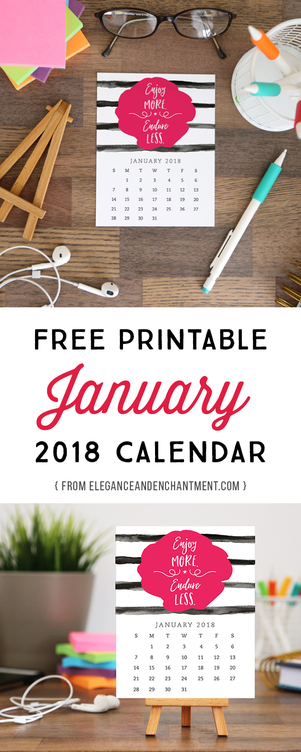 Pretty your workspace with this free printable calendar card for January 2018. New calendars are released every month! // Design from Elegance and Enchantment.