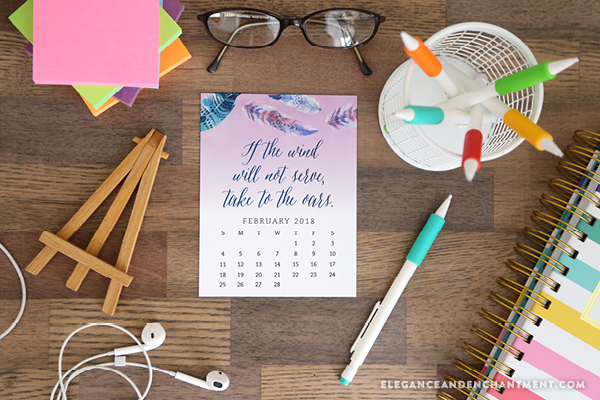 Pretty your workspace with this free printable calendar card for February 2018. New calendars are released every month! // Design from Elegance and Enchantment.
