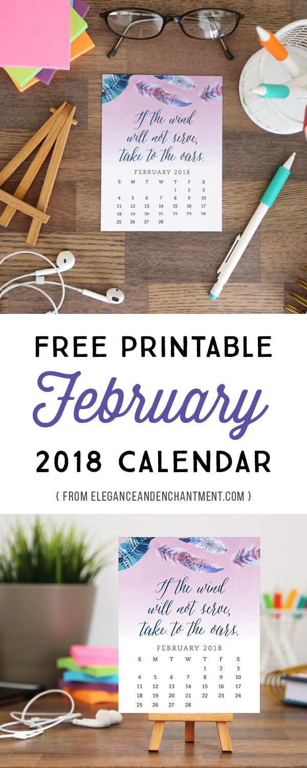 Pretty your workspace with this free printable calendar card for February 2018. New calendars are released every month! // Design from Elegance and Enchantment.