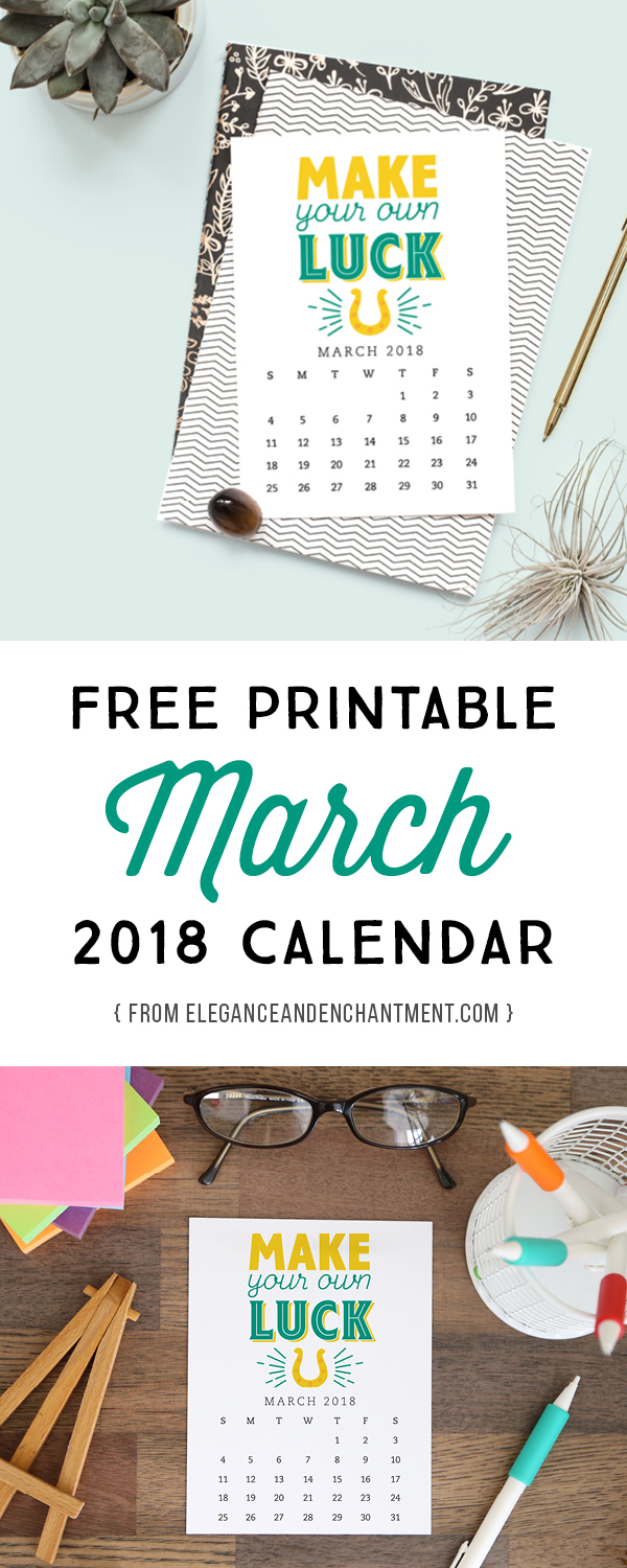 Pretty your workspace with this free printable calendar card for March 2018. New calendars are released every month! // Design from Elegance and Enchantment. #calendar #printable #stationery