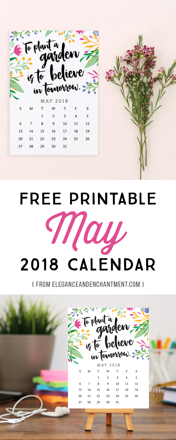 Pretty your workspace with this free printable calendar card for May 2018. New calendar cards are shared for free every month! // Design from Elegance and Enchantment. #calendar #printable #stationery #planner #bujo