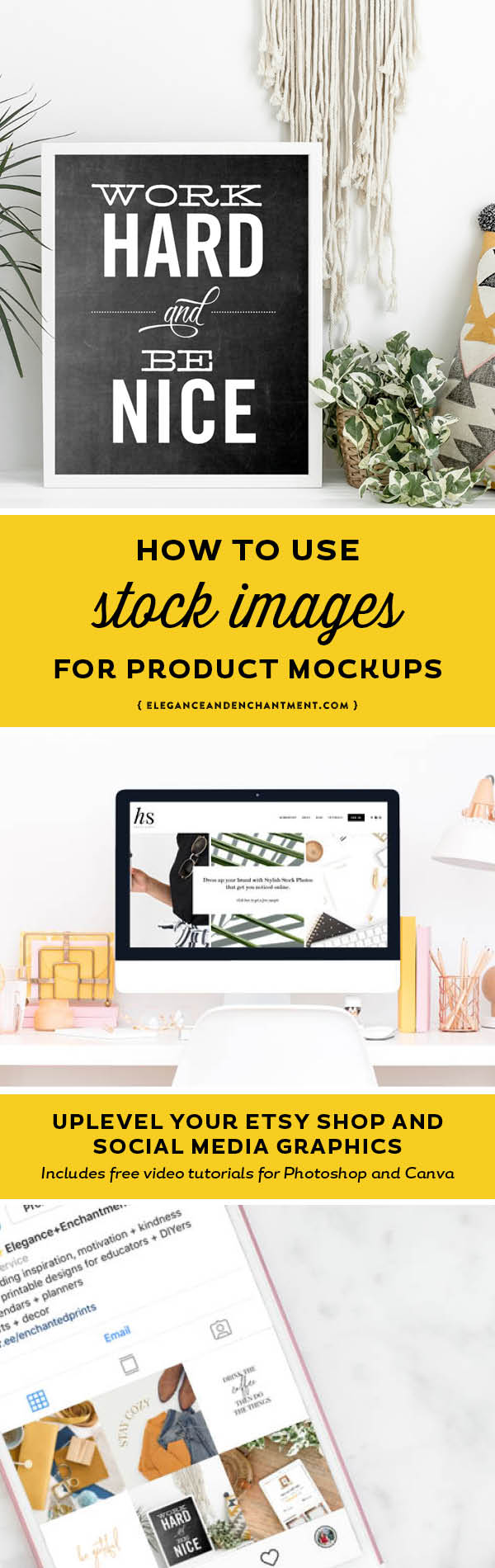 Wondering where those Etsy shops got those fabulous looking product images? In this article, you’ll learn where to find stock images for product mockups, how to overlay your artwork on stock images, and how to market your products with additional imagery. // Includes video tutorials for working in Canva and Photoshop. // From Elegance and Enchantment